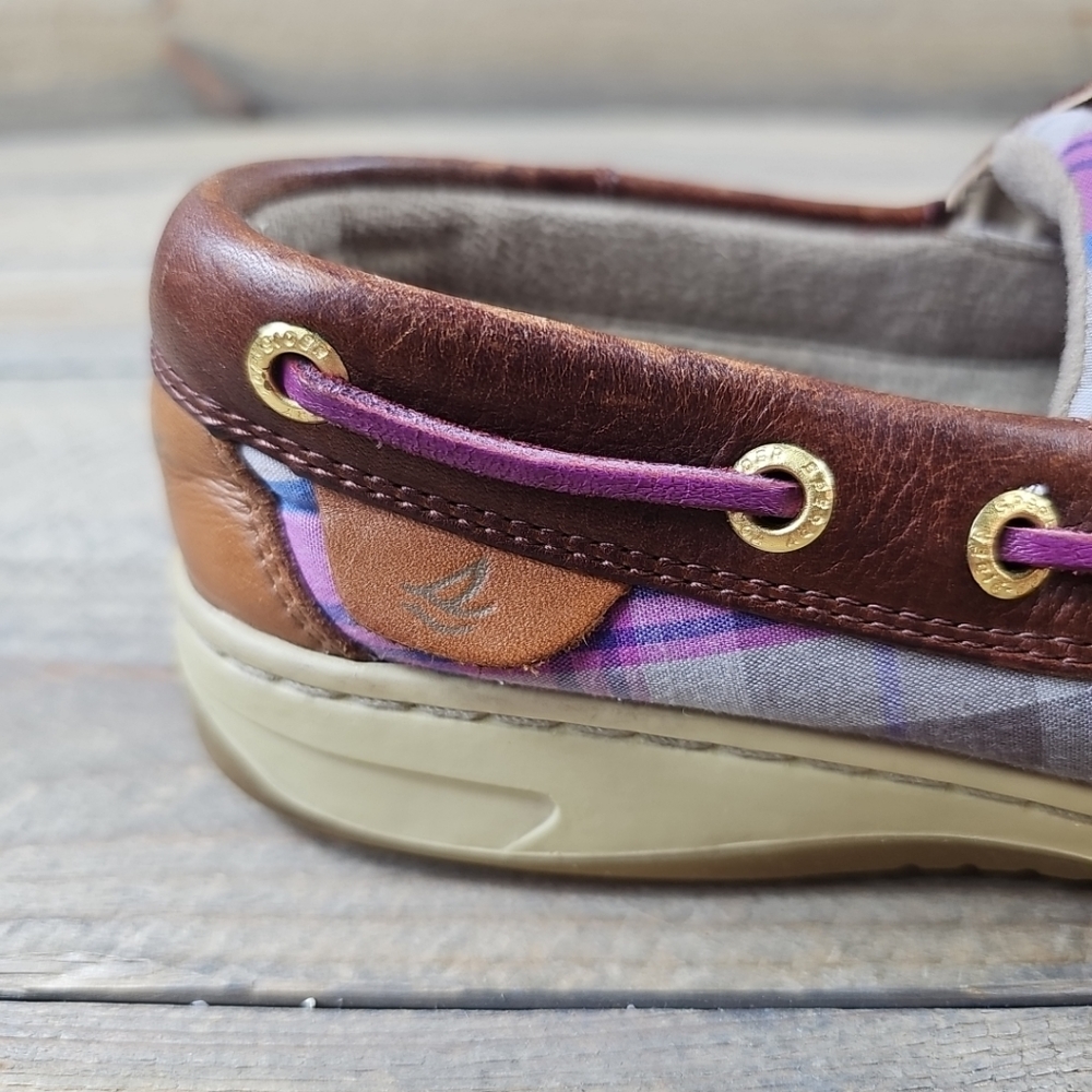 Sperry Topsider Brown Leather purple plaid Women's Boat Deck Shoes - Picture 10 of 14